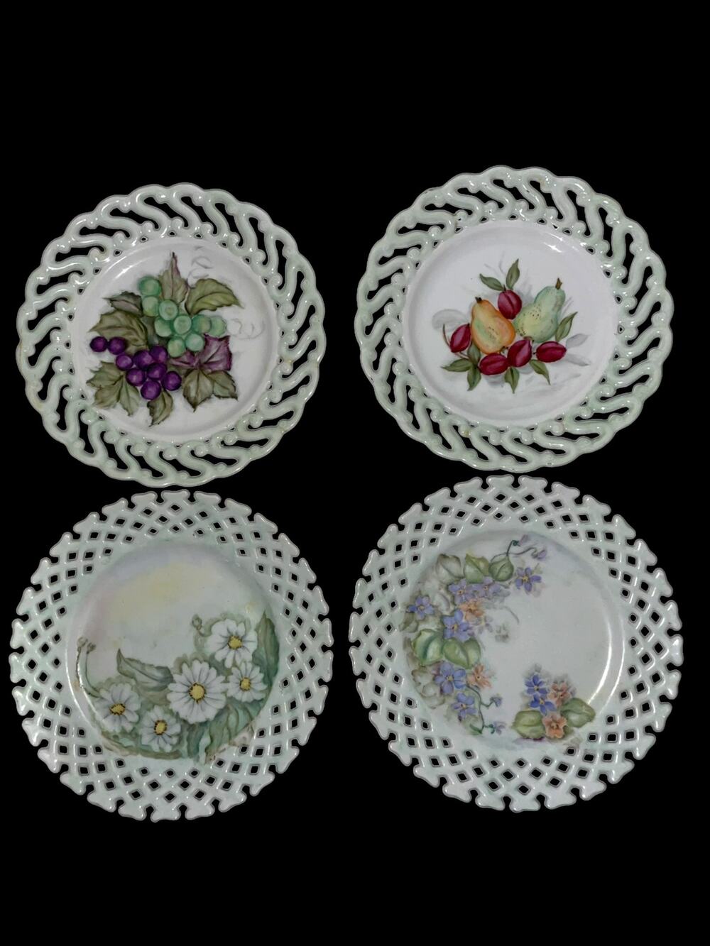 Vintage reticulated 4 milkglass fruit plates  decorative purposes w/ Signature